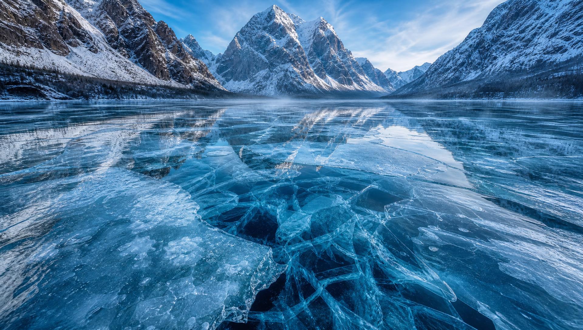 Kristallklarer Bergsee mit schmelzendem Eis und schneebedeckten Bergen